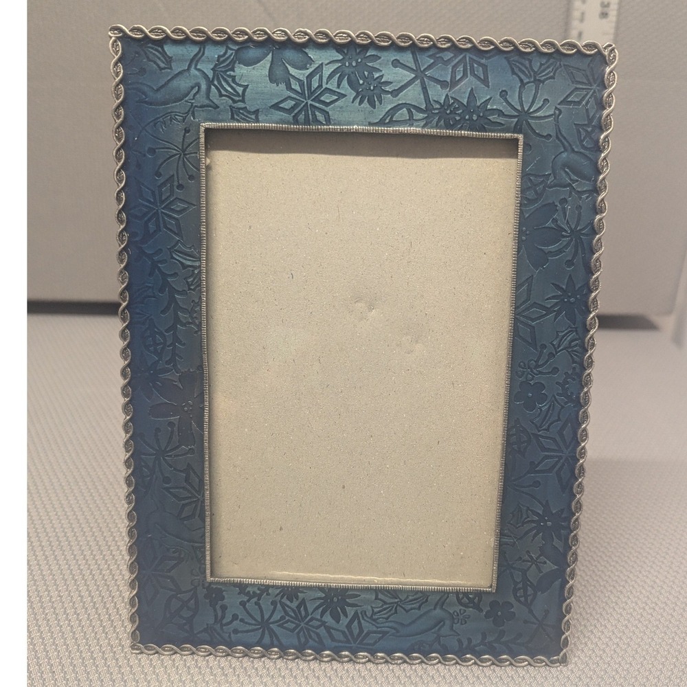 VTG Blue Embossed Floral Snowflake Geometric Photo Frame Silver Rope Trim